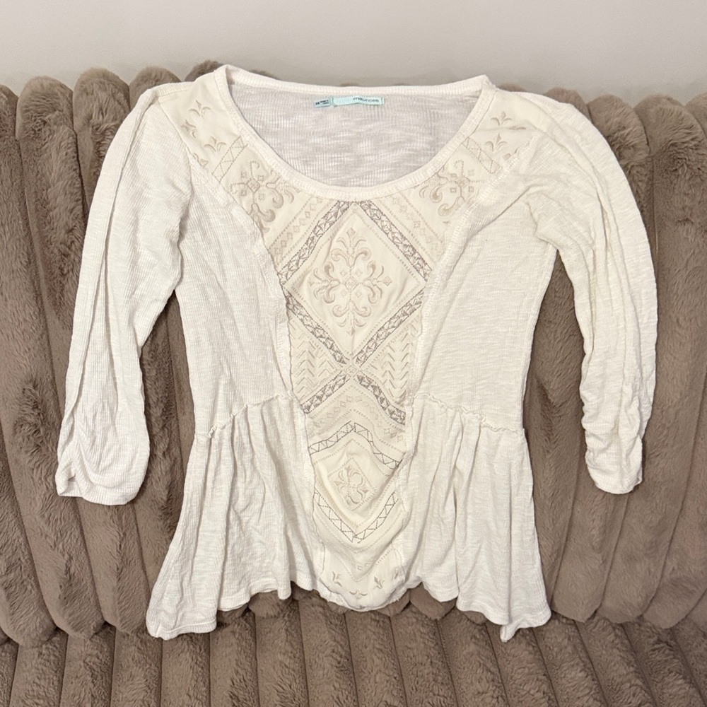Boho Embroidered Peplum Top - Cream